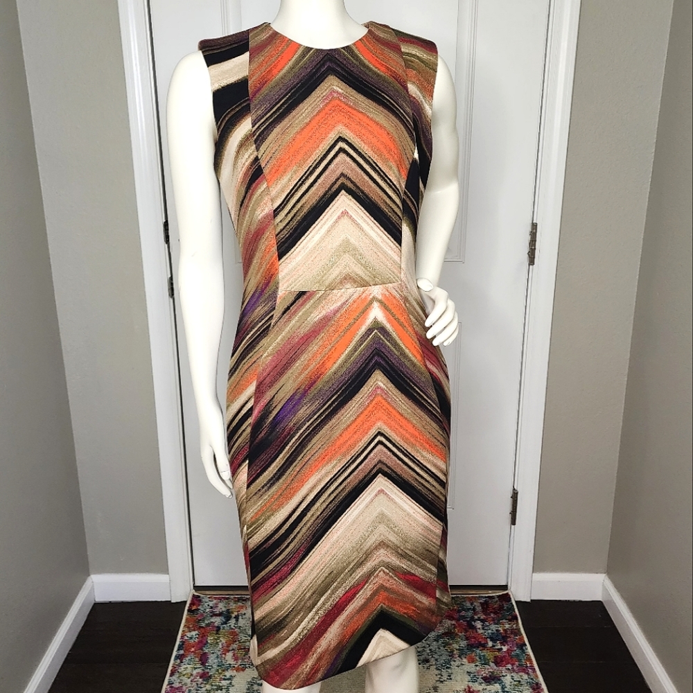 Calvin Klein Kmu Khaki Multi Orange Brown Sheath Dress